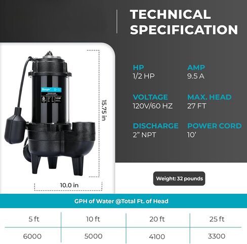 LEO 1/2 HP Sewage/Effluent Pump, 6000 GPH Submersible Basement Sewer Pump with 10ft Auto Float Switch, Cast Iron Sump Ejector, 2'' NPT for Sewage Basin, 115V in Kuwait