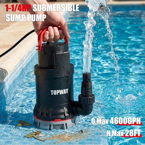 مضخة مياه مستنقع TOPWAY 1-1/4 HP 4600 GPH مضخة مياه غاطسة من البلاستيك الحراري مضخة فائدة محمولة عالية التدفق لإزالة المياه لحمام السباحة والحديقة والبركة ونافذة الطابق السفلي مع قاعدة فلتر in Kuwait