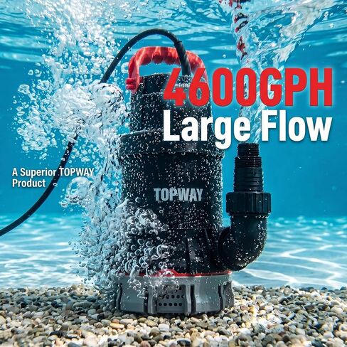 مضخة مياه مستنقع TOPWAY 1-1/4 HP 4600 GPH مضخة مياه غاطسة من البلاستيك الحراري مضخة فائدة محمولة عالية التدفق لإزالة المياه لحمام السباحة والحديقة والبركة ونافذة الطابق السفلي مع قاعدة فلتر in Kuwait