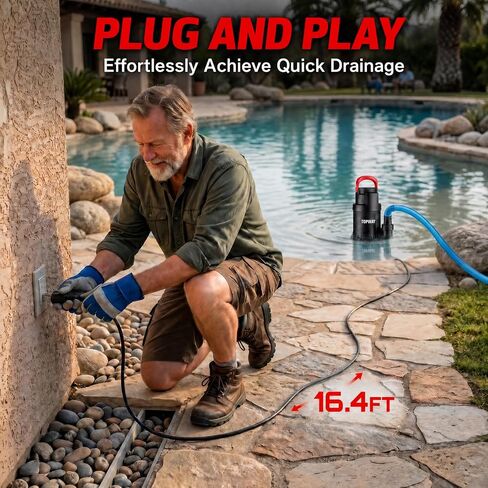 مضخة مياه مستنقع TOPWAY 1-1/4 HP 4600 GPH مضخة مياه غاطسة من البلاستيك الحراري مضخة فائدة محمولة عالية التدفق لإزالة المياه لحمام السباحة والحديقة والبركة ونافذة الطابق السفلي مع قاعدة فلتر in Kuwait