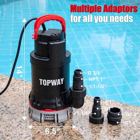 مضخة مياه مستنقع TOPWAY 1-1/4 HP 4600 GPH مضخة مياه غاطسة من البلاستيك الحراري مضخة فائدة محمولة عالية التدفق لإزالة المياه لحمام السباحة والحديقة والبركة ونافذة الطابق السفلي مع قاعدة فلتر in Kuwait