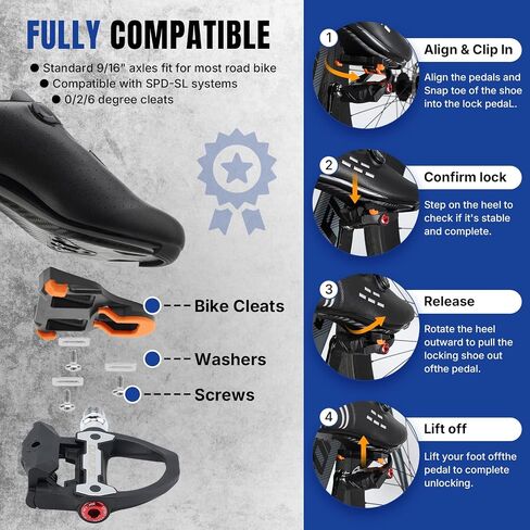 OUMURS 9/16" Road Bike Pedals, Sealed Bearings & Nylon Clipless Pedals with 2 Set 3-Bolt Cleats, Lightweight Bicycle Pedals Compatible with SPD SL System in Kuwait