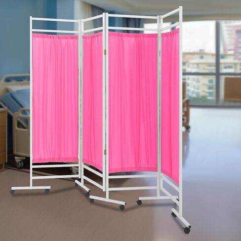 4-Panel Medical Privacy Screen 180x200 Cm Pink, Portable and Foldable Medical Room Divider, Hospital Ward Screen with Wheels, Clinic Patient Privacy Partition Screen in Kuwait