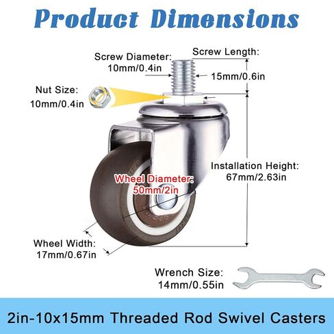 2" Office Chair Casters, 5-Pack, 10x15mm Threaded Stem, 264 lbs Capacity | Heavy Duty Rubber Wheels; Silent Swivel Casters; Furniture Replacement for Office Chairs, Carts, Workbenches, Industrial in Kuwait