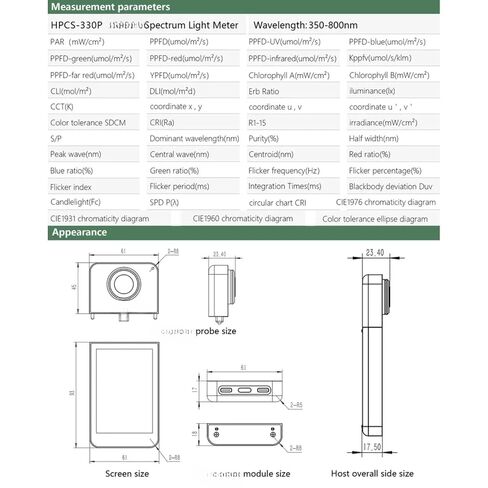 HPCS-330P 350-800nm ​​ضوء عد القطب القياسي PPFD أداة قياس الطيف in Kuwait
