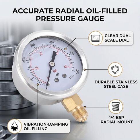 Oil Filled Radial Pressure TS-PGG604 for Industrial Hydraulic and Vacuum Systems 0-40bar 0-600psi 1/4BSP Thread in Kuwait