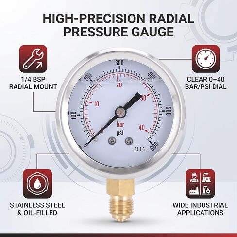 Oil Filled Radial Pressure TS-PGG604 for Industrial Hydraulic and Vacuum Systems 0-40bar 0-600psi 1/4BSP Thread in Kuwait
