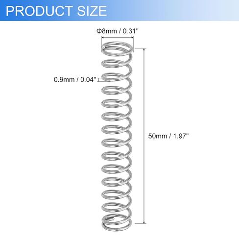 uxcell 10Pcs Compression Springs, 0.9mm Wire Diameter x 8mm OD x 50mm Length 304 Stainless Steel Extension Spring Ballpoint Pen Pressure Springs for Shop Home Repairs, Silver in Kuwait