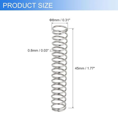 uxcell 5Pcs Compression Springs, 0.8mm Wire Diameter x 8mm OD x 45mm Length 304 Stainless Steel Extension Spring Ballpoint Pen Pressure Springs for Shop Home Repairs, Silver in Kuwait