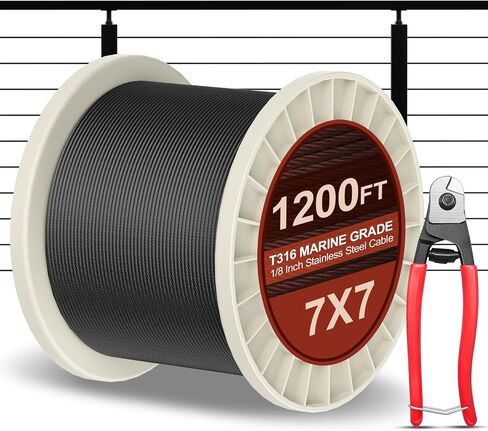 BLIKA 1200FT 1/8" كابل أسود من الفولاذ المقاوم للصدأ مع قاطع، T316 درجة بحرية، حبل سلك من الفولاذ المقاوم للصدأ 7x7 هيكل حبلا، 1850 رطل من كابل الطائرات بقوة كسر لسطح السفينة in Kuwait