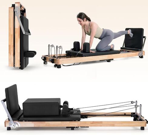 93'' Wooden Pilates Reformer Foldable Oak Wood Studio Grade Home Gym | 95% Pre-Assembled, Sitting Box, Jump Board, for Home Use and Gym Workout, Pilates Machine & Equipment, Ergonomic Design in Kuwait