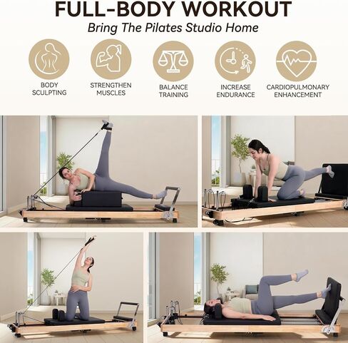 93'' Wooden Pilates Reformer Foldable Oak Wood Studio Grade Home Gym | 95% Pre-Assembled, Sitting Box, Jump Board, for Home Use and Gym Workout, Pilates Machine & Equipment, Ergonomic Design in Kuwait