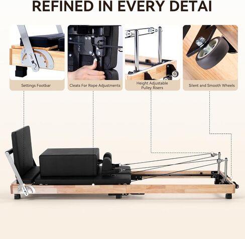 93'' Wooden Pilates Reformer Foldable Oak Wood Studio Grade Home Gym | 95% Pre-Assembled, Sitting Box, Jump Board, for Home Use and Gym Workout, Pilates Machine & Equipment, Ergonomic Design in Kuwait