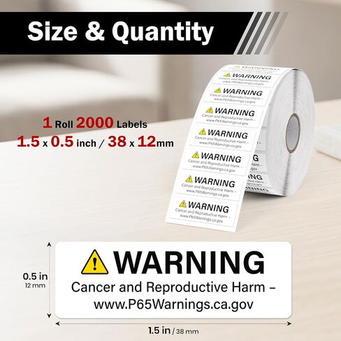2000 Pcs Prop 65 Warning Labels 0.5" x 1.5" Self-Adhesive Vinyl | Waterproof, California Cancer and Reproductive Harm Warning Stickers,for Product Packaging, Retail Products, Distribution in Kuwait