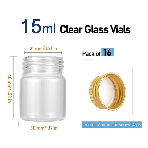 16Pcs 15ml(0.5 oz) Empty Tiny Jars Small Glass Vials with Lids Lab Sample Vials Refillable Mini Glass Bottles with Golden Aluminum Screw Caps for DIY Crafts Essential Oils Storage Wedding Decoration in Kuwait
