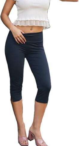 Mxiqqpltky Capri Leggings for Women Y2K Fold Over Low Rise Capri Pants Skinny Side Split Cropped Pants Lounge Yoga Capris in Kuwait