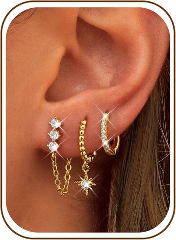 3 Pairs 14K Gold Plated Stud Hoop Earring Stacks for Women Trendy Chain Dangle Hoop Earrings Set Helix Cartilage Huggie Earrings for Multiple Piercing in Saudi Arabia