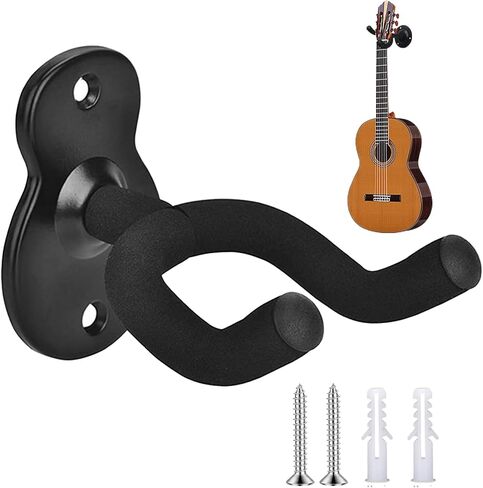 Guitar Wall Mount Black Hanger for Acoustic Electric Bass Guitar | Sturdy Metal Construction, Padded Yoke, Screws & Drywall Anchors Included in Kuwait