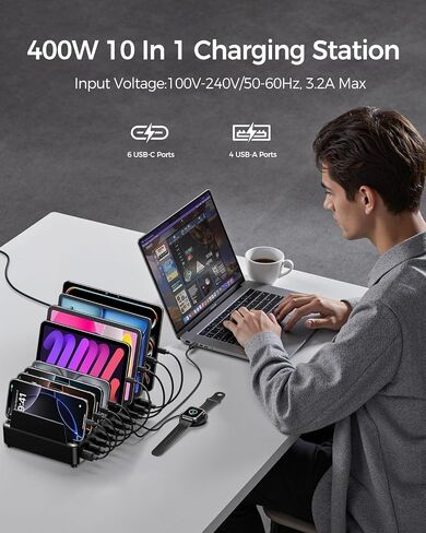 Rocoren 400W 10‑Port Charging Station,Dual PD 100W Dock w/ 6 Cables in Kuwait