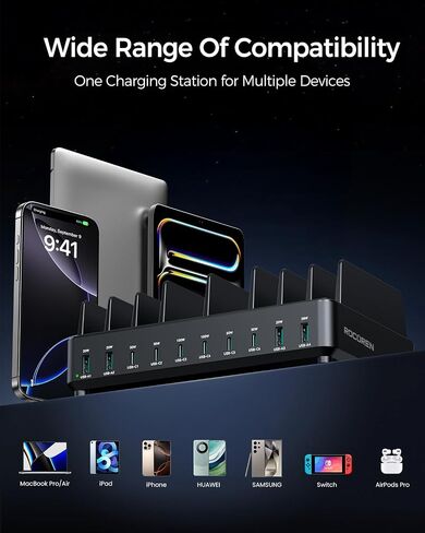 Rocoren 400W 10‑Port Charging Station,Dual PD 100W Dock w/ 6 Cables in Kuwait