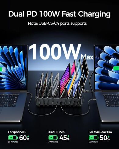 Rocoren 400W 10‑Port Charging Station,Dual PD 100W Dock w/ 6 Cables in Kuwait