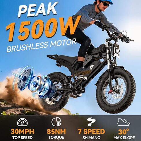 Ebikes for Adults, 1500W Peak Motor, 20/23Ah Long Range Teens Electric Bike with Dual Hydraulic Brakes, 20" Fat Tire All-Terrain for Commuting E-Bicycle in Kuwait