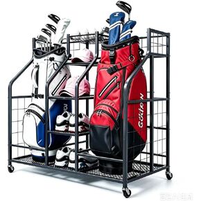 Golf Bag Storage Organizer Stand with Wheels- Heavy Duty Steel Rack Holds 2 Golf Bags with Central Storage Shelf for Golf Balls, Shoes & Accessories, Space Saving Garage Golf Club Equipment Holder in Saudi Arabia