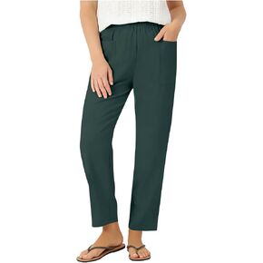 Ctreela Linen Long Pants for Women High Waisted Elastic Ankle Pant Trousers with Front Pockets Beach Travel Outfits in Kuwait
