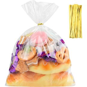 MEEZY 100 Pcs Cellophane Wrap Bags for Gift Baskets 7 x 14 in, Clear Basket Treat Bags with Gold Twist Ties for Gift Wrapping Plastic Cello Packaging for Birthday Baby Shower Wedding Party Favors in Saudi Arabia