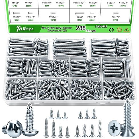 288PCS Screws Assortment Kit,Self Tapping Wood Screws #4/#6/#8/#10 Screw Assortment Kit,Round Head Screws Length 3/8" to 2",Sheet Metal Screws Assorted in Saudi Arabia