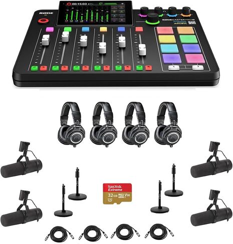 مجموعة وحدة تحكم استوديو الإنتاج الصوتي المتكاملة Rode RODECaster Pro II مع 4 ميكروفون SM7B، وسماعات رأس ATH-M50x، وحامل، وكابل M إلى F XLR، وبطاقة microSD سعة 32 جيجابايت in Kuwait