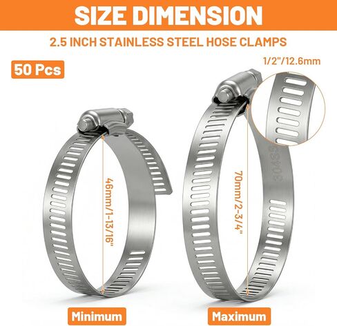 50 Pcs Stainless Steel Hose Clamp Adjustable 1-13/16" to 2-3/4" 46-70 mm Worm Gear Hose Clamp, Metal Fuel Line Pipe Clamp for Plumbing, Automotive And Mechanical Application Industrial Use in Kuwait