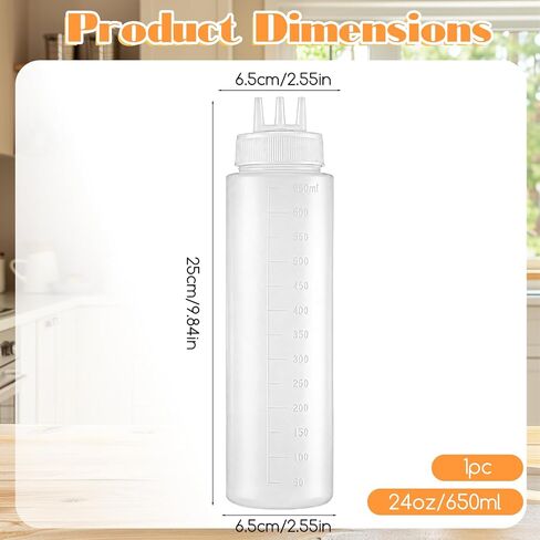 3 Hole Squeeze Bottles for Sauces, Leak-Proof Condiment Dispenser, Plastic Condiment Squeeze Bottles, Squeeze-Squirt Bottle, Clear Squeeze-Bottle, Restaurantware for Sauces, Cream (24.5x6.5cm) in Kuwait