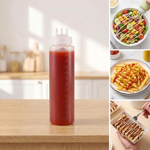 3 Hole Squeeze Bottles for Sauces, Leak-Proof Condiment Dispenser, Plastic Condiment Squeeze Bottles, Squeeze-Squirt Bottle, Clear Squeeze-Bottle, Restaurantware for Sauces, Cream (24.5x6.5cm) in Kuwait