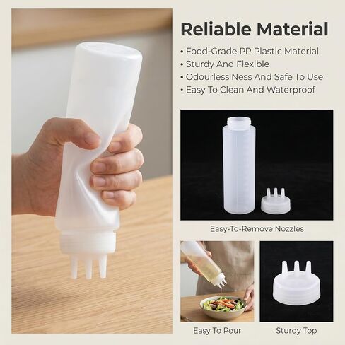 3 Hole Squeeze Bottles for Sauces, Leak-Proof Condiment Dispenser, Plastic Condiment Squeeze Bottles, Squeeze-Squirt Bottle, Clear Squeeze-Bottle, Restaurantware for Sauces, Cream (24.5x6.5cm) in Kuwait