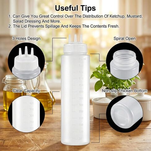 3 Hole Squeeze Bottles for Sauces, Leak-Proof Condiment Dispenser, Plastic Condiment Squeeze Bottles, Squeeze-Squirt Bottle, Clear Squeeze-Bottle, Restaurantware for Sauces, Cream (24.5x6.5cm) in Kuwait