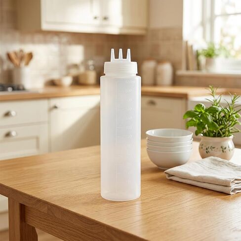 3 Hole Squeeze Bottles for Sauces, Leak-Proof Condiment Dispenser, Plastic Condiment Squeeze Bottles, Squeeze-Squirt Bottle, Clear Squeeze-Bottle, Restaurantware for Sauces, Cream (24.5x6.5cm) in Kuwait