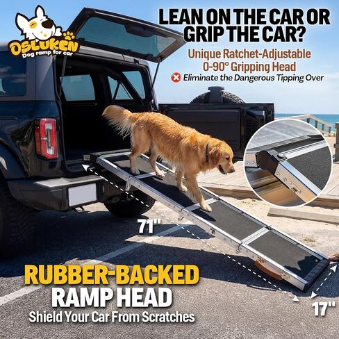 𝟐𝟎𝟐𝟓 𝐔𝐩𝐠𝐫𝐚𝐝𝐞𝐝 Dog Ramp for Car (330 lbs), Extra L71" W17" Folding Pet Ramp for Large Dogs with 90° Adjustable Head, Outdoor Anti-Slip Foldable Dog Car Ramps for SUV Truck Side Door in Saudi Arabia