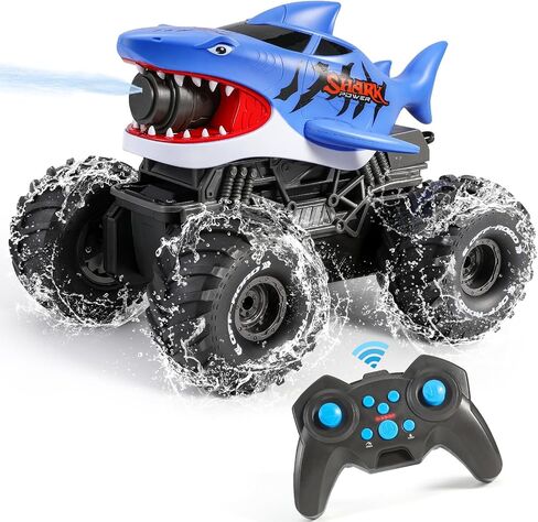 BOBXIN Amphibious Remote Control Shark Monster Truck with Water Squirt,4WD All-Terrain Off-Road 2.4Ghz Waterproof RC Car Boat Pool Water Toys for Kids Age 6+ in Saudi Arabia