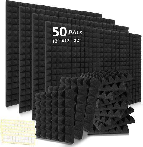 50 Pack Acoustic Foam Panels, 2 X 12 X 12 Inches Pyramid Designed Sound Proof Foam Panels for Walls, High Density and Fire Resistant Sound Panels, Studio Foam for Wall and Ceiling (Black, 50 Pack) in Kuwait