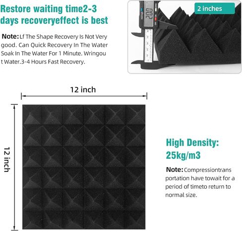 50 Pack Acoustic Foam Panels, 2 X 12 X 12 Inches Pyramid Designed Sound Proof Foam Panels for Walls, High Density and Fire Resistant Sound Panels, Studio Foam for Wall and Ceiling (Black, 50 Pack) in Kuwait