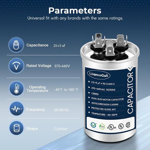25/5 uF 25+5 MFD 370VAC or 440VAC Dual Run Start Round A/C Capacitor CBB65 CBB65B Air Conditioner Capacitors for AC Unit Fan Motor Start or Heat Pump or Condenser Straight Cool in Kuwait