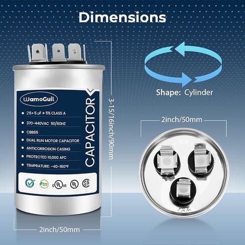 25/5 uF 25+5 MFD 370VAC or 440VAC Dual Run Start Round A/C Capacitor CBB65 CBB65B Air Conditioner Capacitors for AC Unit Fan Motor Start or Heat Pump or Condenser Straight Cool in Kuwait