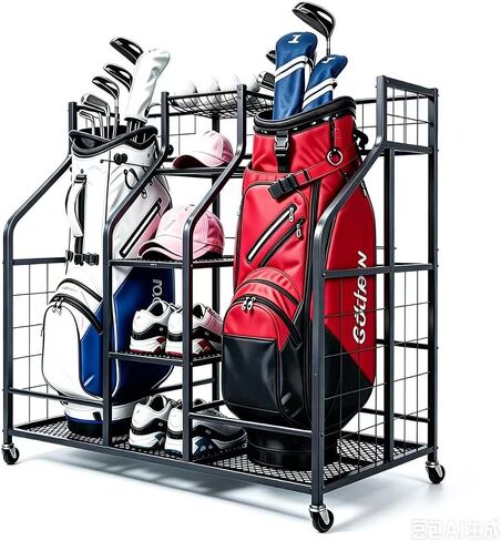 Golf Bag Storage Organizer Stand with Wheels- Heavy Duty Steel Rack Holds 2 Golf Bags with Central Storage Shelf for Golf Balls, Shoes & Accessories, Space Saving Garage Golf Club Equipment Holder in Saudi Arabia