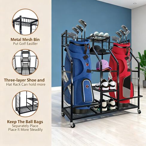 Golf Bag Storage Organizer Stand with Wheels- Heavy Duty Steel Rack Holds 2 Golf Bags with Central Storage Shelf for Golf Balls, Shoes & Accessories, Space Saving Garage Golf Club Equipment Holder in Saudi Arabia