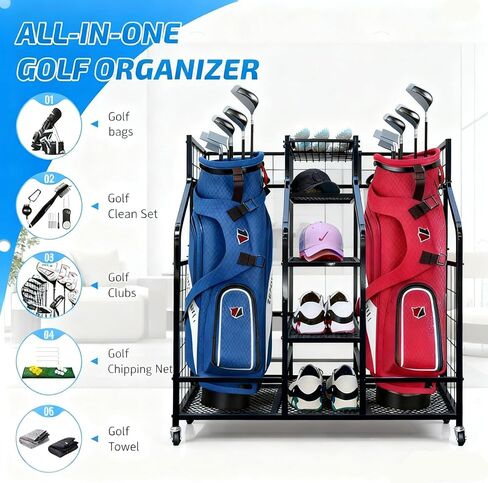 Golf Bag Storage Organizer Stand with Wheels- Heavy Duty Steel Rack Holds 2 Golf Bags with Central Storage Shelf for Golf Balls, Shoes & Accessories, Space Saving Garage Golf Club Equipment Holder in Saudi Arabia