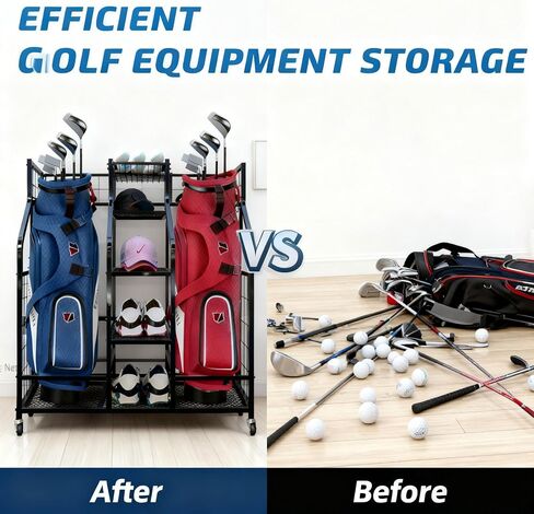 Golf Bag Storage Organizer Stand with Wheels- Heavy Duty Steel Rack Holds 2 Golf Bags with Central Storage Shelf for Golf Balls, Shoes & Accessories, Space Saving Garage Golf Club Equipment Holder in Saudi Arabia