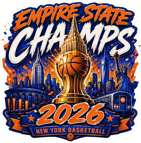 Empire State Champs 2026 New York Basketball Vinyl Sticker, Orange and Blue NYC Skyline Trophy Design, 5 Inch, Waterproof in Kuwait