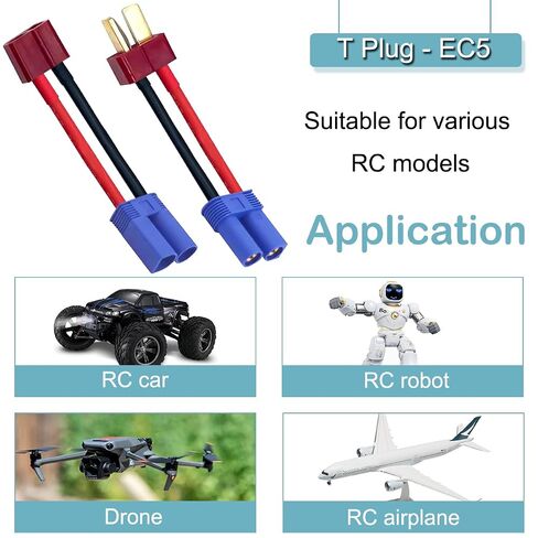 2 Pairs T Plug to EC5 Male Female Connector Adapter EC5 to T Plug Adapter 12 Gauge 5CM Wire, for RC Lipo Battery Charger RC Car Truck Drone in Kuwait