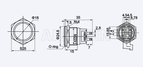 22mm Flat Metal Head Push Button(Waterproof & DustProof) Switch – 1NO 1NC, Momentary, 3-Pin Terminal, Metal On/Off Switch in Kuwait